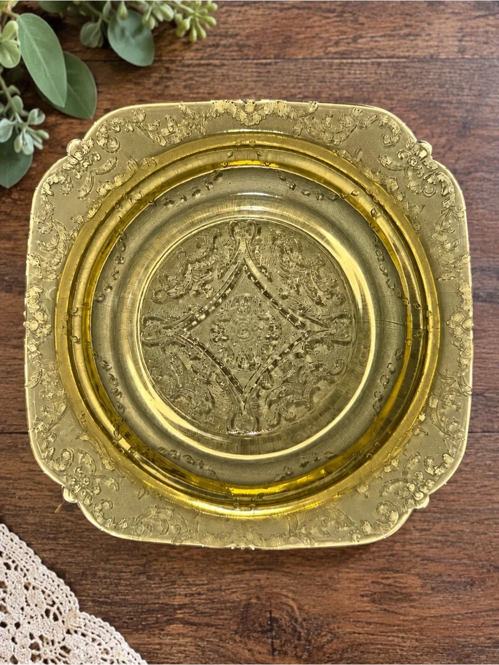 Vintage Amber Glass Dessert Plates Set of 4 Ornate Floral Scroll 6” Square